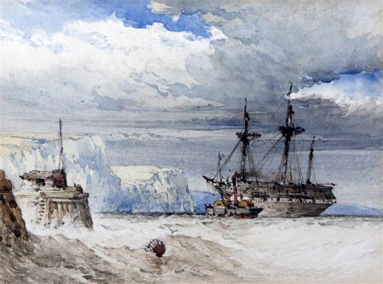 William Callow RWS (1812-1908) Paddle steamer and old warship off the coast 7 x 9.5in.